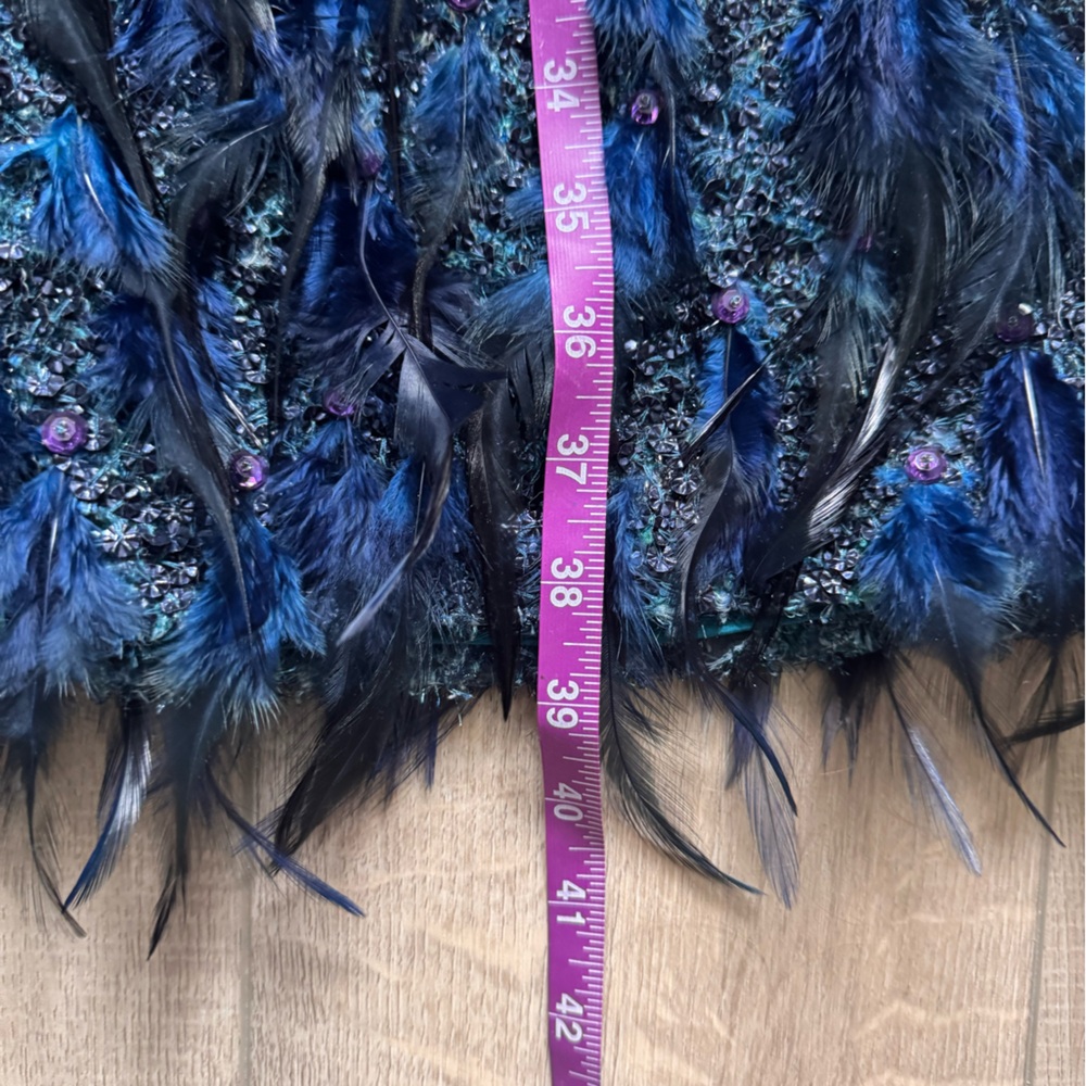 Elie Tahari Lyra Shift Dress Teal-Blue Sleeveless Feather Hem Mini Dress Luxury - Picture 7 of 11